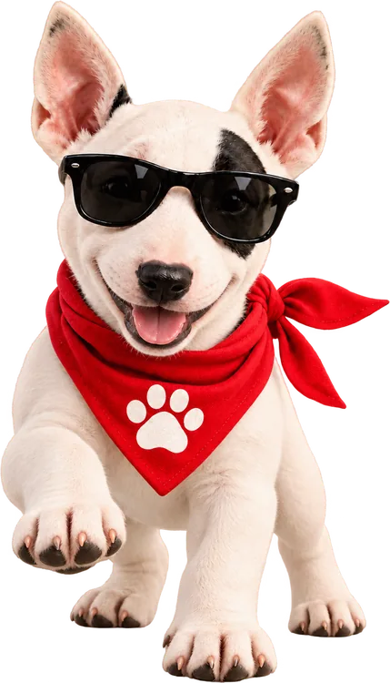 Spuds Jr. in sunglasses and a red paw-print bandana, raising one paw