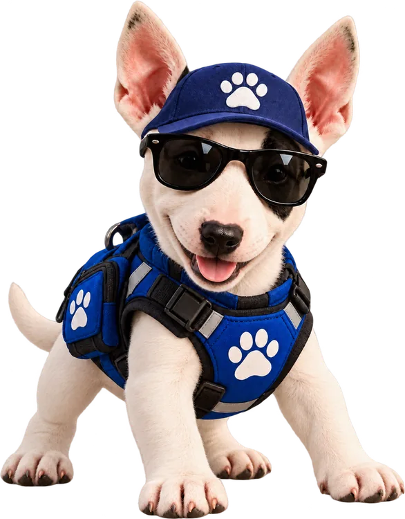 Spuds Jr. in sunglasses, a navy paw-print cap and a blue harness