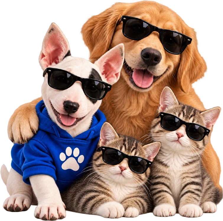 Spuds Jr. with a golden retriever and two kittens, all wearing sunglasses