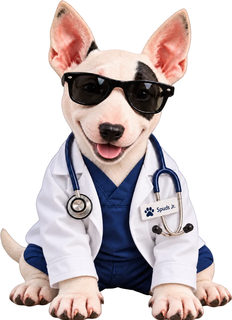 Spuds Jr. in sunglasses and a white veterinary coat with a stethoscope, smiling