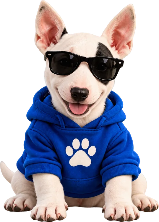 Spuds Jr., a bull terrier puppy in sunglasses and a blue paw-print hoodie
