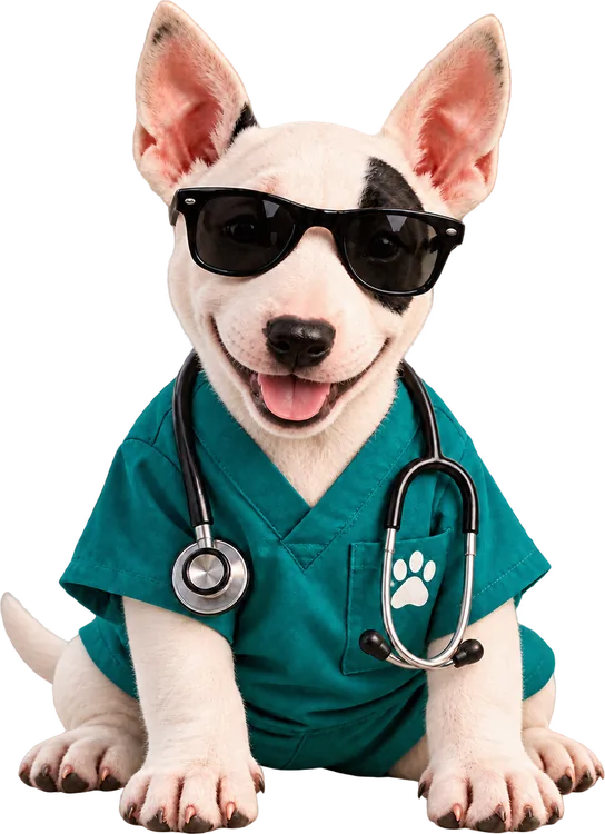 Spuds Jr. in sunglasses and green veterinary scrubs with a stethoscope